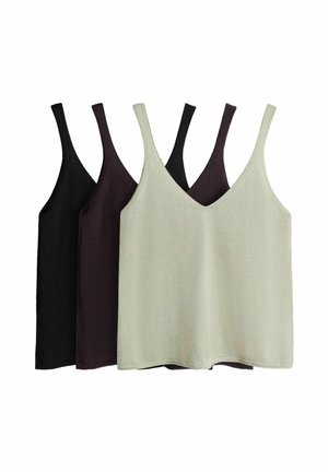Drei ärmellose Strick-Tanktops mit dünnen Trägern in Schwarz, Dunkelbraun und Hellbeige, übereinander gelegt und vor weißem Hintergrund präsentiert.
