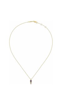 Guldtonad halsband med en delikat kedja och en vertikal hänge som pryds av tre staplade, mångfärgade ädelstenar.