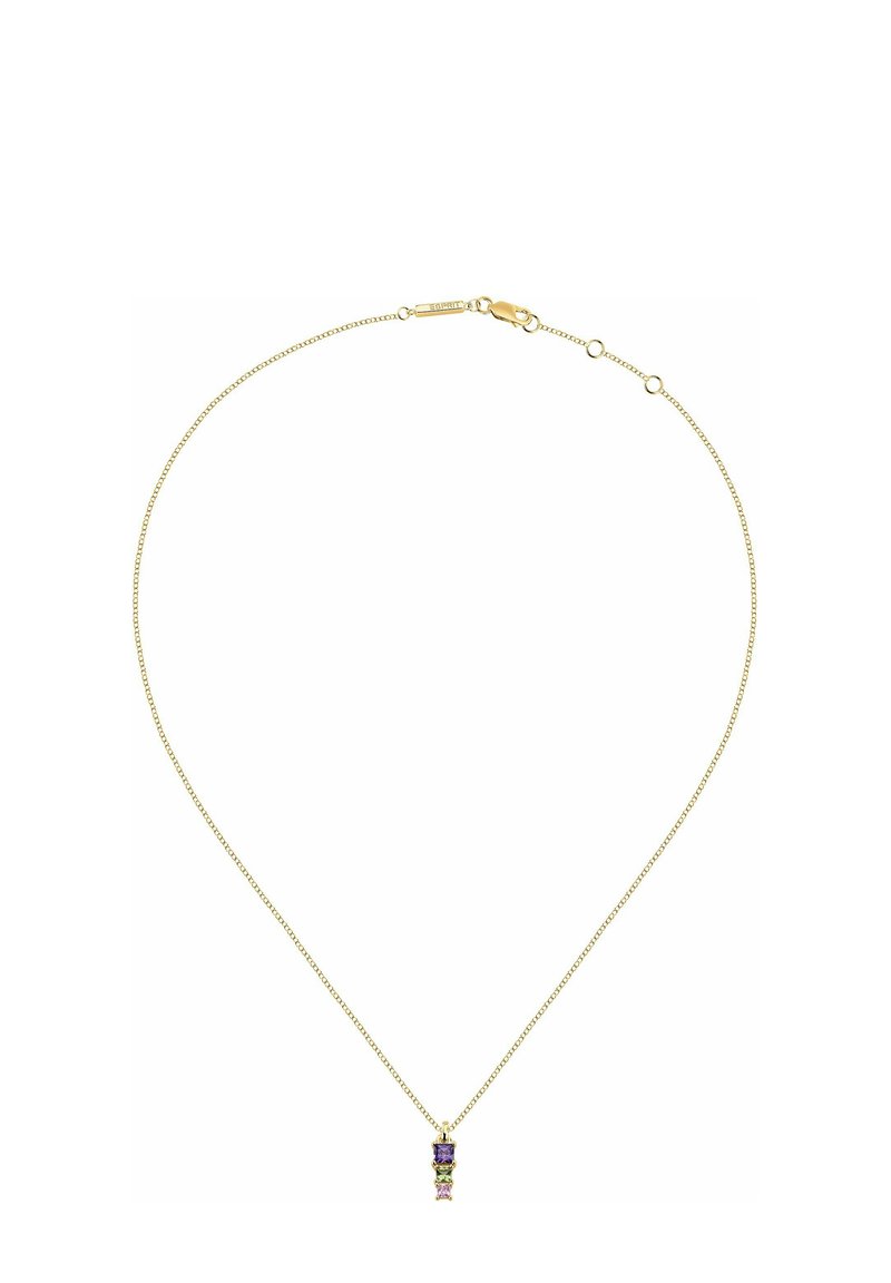 Guldtonad halsband med en delikat kedja och en vertikal hänge som pryds av tre staplade, mångfärgade ädelstenar.