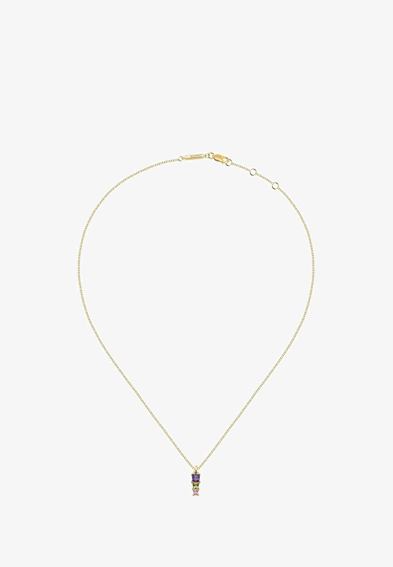Collier en ton doré avec une chaîne délicate et un pendentif vertical comportant trois pierres semi-précieuses empilées de couleurs variées.