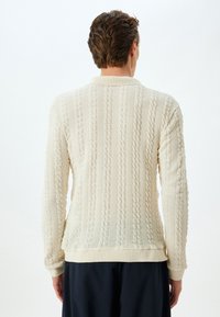 Beige gebreide trui met een getextureerd kabelpatroon, lange mouwen, een ribbelrand en een kraagontwerp.