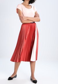 Falda midi roja con detalles en blanco, combinada con una blusa de mangas cortas rosa claro. Unos zapatos planos negros completan el conjunto.