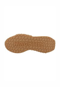 Talpa de pantof din cauciuc, având o culoare bej deschis, texturată cu un model hexagonal și cu letteringul în relief "PALLADIUM" pentru aderență.