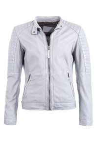 Lysegrå læderjakke med lynlås fortil, quiltede skulderdetaljer og to sidelommer med lynlås. Glat overflade med struktureret design.