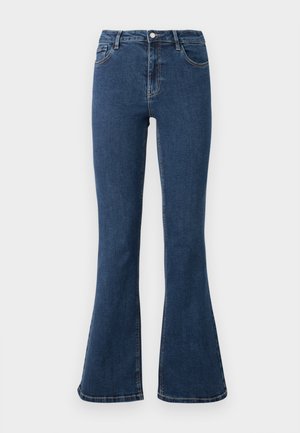 Flared jeans made of dark blue denim, featuring a button closure, five pockets, and contrast stitching. Smooth texture and wide leg design.