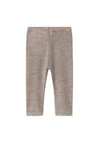 Lichtbruine leggings met een subtiele textuur en een delicate kanten rand aan de onderkant. Smal gesneden ontwerp, zachte stof en elastische tailleband.