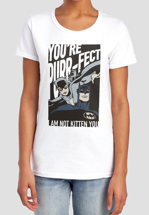 Batman and Catwoman illustration on white shirt with text "You're PURR-FECT, I am not kitten you" in bold letters.