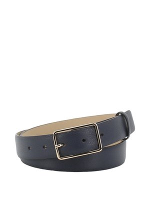 Black leather belt coiled with a gold rectangular buckle and multiple adjustment holes on a white background.