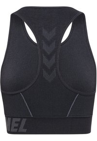 Schwarzer Sport-BH mit geripptem Textur, Racerback-Design und Chevron-Akzenten auf dem Rücken. Verfügt über ein breites, kontrastierendes Logoband.