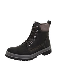 Černá kožená kotníková bota s šedou semišovou manžetou, šesti kovovými oky a kulatými šňůrkami. Silná gumová podrážka s hlubokým vzorkem pro lepší přilnavost.