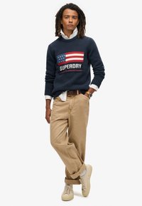 Maglione lavorato a maglia di colore navy con grafica della bandiera americana, abbinato a pantaloni khaki e sneakers color crema. Il modello ha capelli ricci e indossa una camicia bianca con colletto sotto.