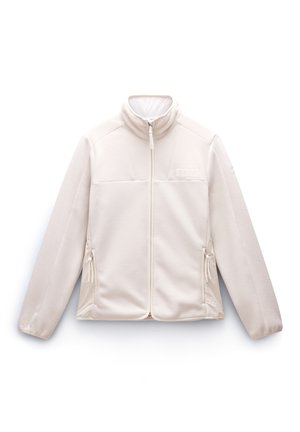 Cream fleece zip-up jacket with high collar, side pockets, and tonal logo on chest. Smooth texture and tailored fit.