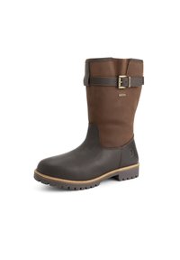 Bruine leren laarzen tot halverwege het kuit met een donkerder voet, verstelbare riem en gesp nabij de bovenkant, en een robuuste zool.