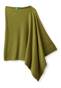 Poncho lavorato a maglia texturizzata in verde oliva, con un design asimmetrico e aperture per le maniche ampie, caratterizzato da un bordo a coste lungo i lati.