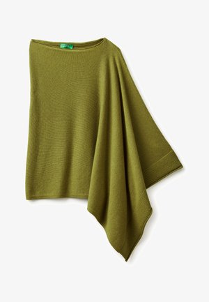 Olivengrüner, strukturierten Strick-Poncho mit asymmetrischem Design und weitem Ärmelausschnitt, ausgestattet mit einem gerippten Saum entlang der Kanten.