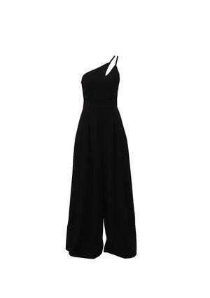 Combinaison noire avec un design à une épaule, jambes larges plissées et fines bretelles. Fabriquée dans un tissu lisse sans motifs visibles.