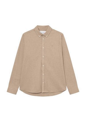 Bežina košulja dugih rukava s gumbima i ovratnikom, s suptilnom teksturom i kružnim donjim dijelom. Mali logo smješten na prsima.