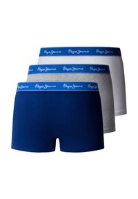 Trois paires de boxers en bleu, gris et blanc. Chacun présente une ceinture bleue avec le logo "Pepe Jeans". Tissu en coton, texture lisse.