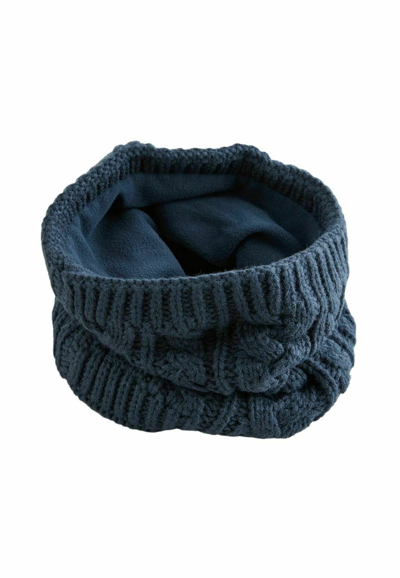 Scaldacollo di colore blu navy lavorato a maglia, realizzato in filato testurizzato, con una morbida fodera in pile e un motivo a coste spesso sul bordo.
