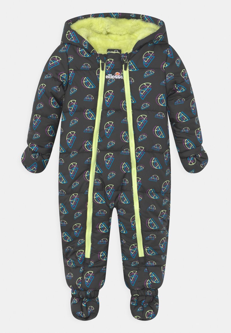 Czarny ocieplany kombinezon zimowy z kolorowymi geometrycznymi wzorami, jasna zielona zamkiem błyskawicznym, kaptur oraz elastyczne mankiety na rękawach i kostkach. Miękka podszewka wewnętrzna.