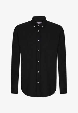 Sort langærmet skjorte med knapper, lavet af tekstureret stof. Har en klassisk krave, knapper foran og et diskret logo på brystet.