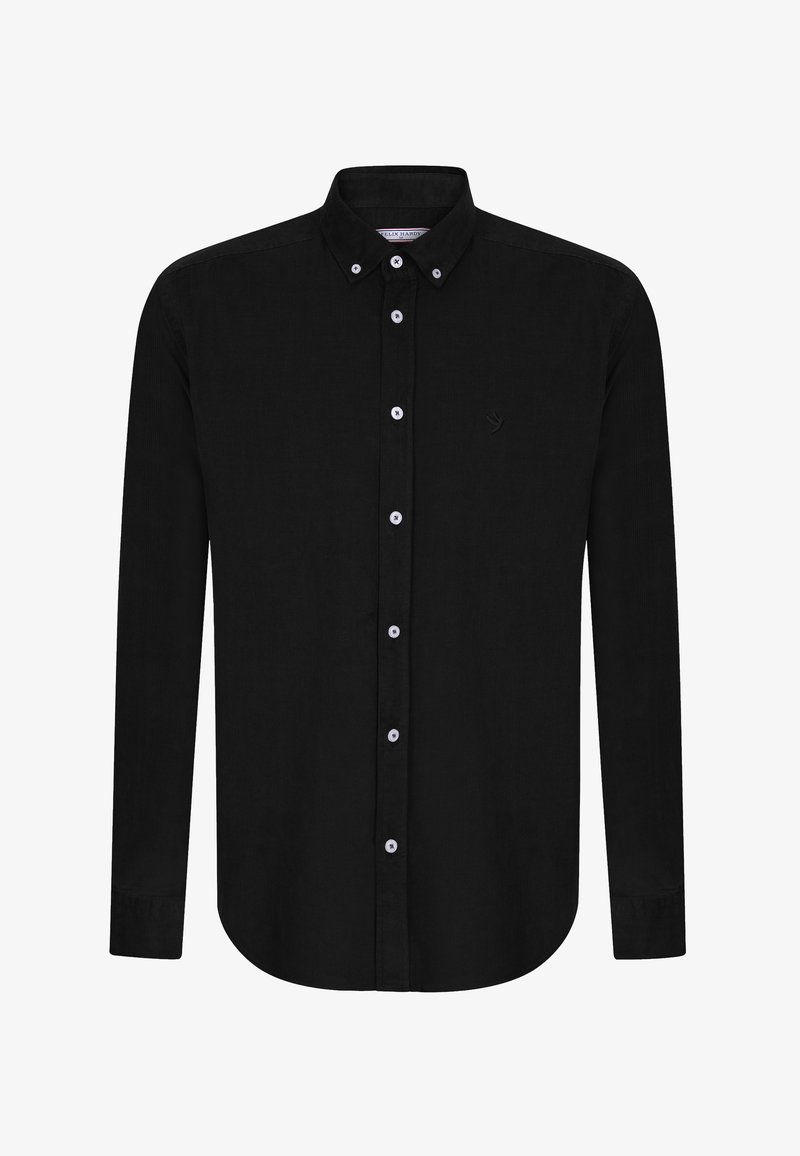 Schwarzes, langärmeliges Hemd aus strukturiertem Stoff. Verfügt über einen klassischen Kragen, Knöpfe vorne und ein dezentes Logo auf der Brust.