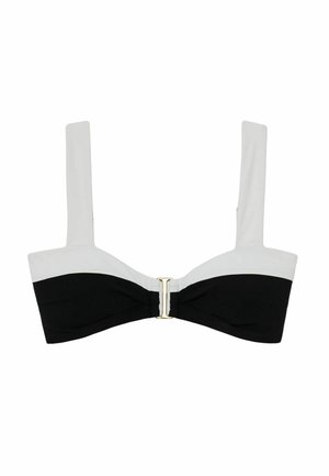 Fekete-fehér bikini felsőrész széles fehér pántokkal és elöl arany csattal záródik, fürdőruha számára tervezve.