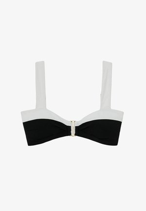 Fekete-fehér bikini felsőrész széles fehér pántokkal és elöl arany csattal záródik, fürdőruha számára tervezve.