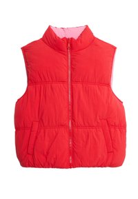 Rode mouwloze puffer gilet met hoge kraag en rits aan de voorkant; beschikt over twee zijzakken en een lichtgewicht, gestructureerde stof.