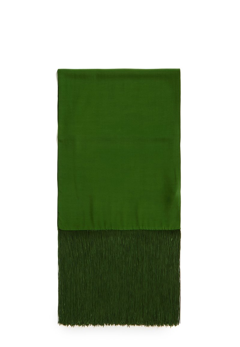 Grüner Schal mit einer glatten oberen Sektion und einem strukturierten Fransenbereich an der Unterseite. Besitzt eine reichhaltige, tiefe Farbe und eine rechteckige Form.
