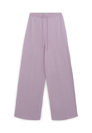 Pantaloni larghi lilla con fascia elastica in vita e cordoncino, caratterizzati da una superficie liscia e due dettagli con cuciture verticali.