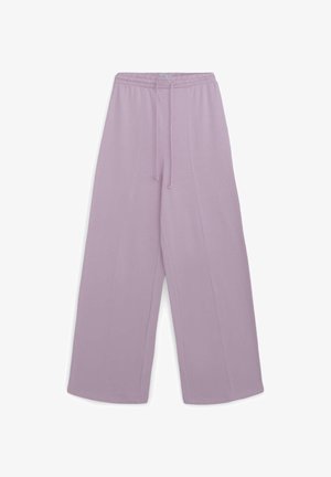 Pantaloni larghi lilla con fascia elastica in vita e cordoncino, caratterizzati da una superficie liscia e due dettagli con cuciture verticali.