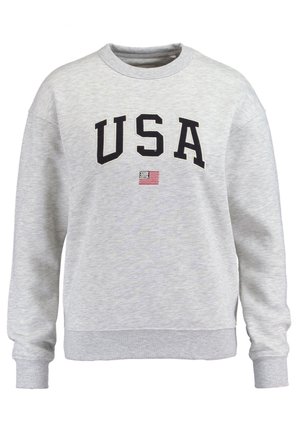 Sweat-shirt gris clair à col rond avec le texte "USA" en lettres noires et un petit drapeau américain brodé sous le texte sur la poitrine.