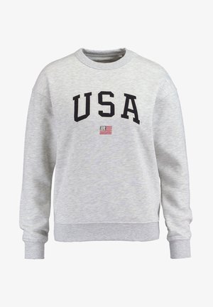Sweat-shirt gris clair à col rond avec le texte "USA" en lettres noires et un petit drapeau américain brodé sous le texte sur la poitrine.