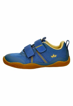 Blue children's sneaker with yellow accents, brown sole, two Velcro straps, and a loop at the heel for easy pull-on.