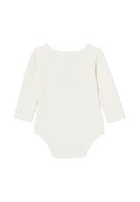 Long-sleeve cream bodysuit made from soft cotton. Features a rounded neck and snap closures at the bottom for easy dressing. Plain design.