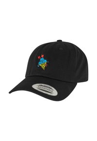 Cappellino da baseball in cotone nero con cinturino regolabile, caratterizzato da un design ricamato colorato a forma di cono gelato con accenti blu e rossi.