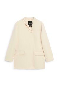 Cappotto beige con colletto a rever, chiusura con un bottone, due tasche frontali e maniche lunghe. Tessuto liscio, design su misura.