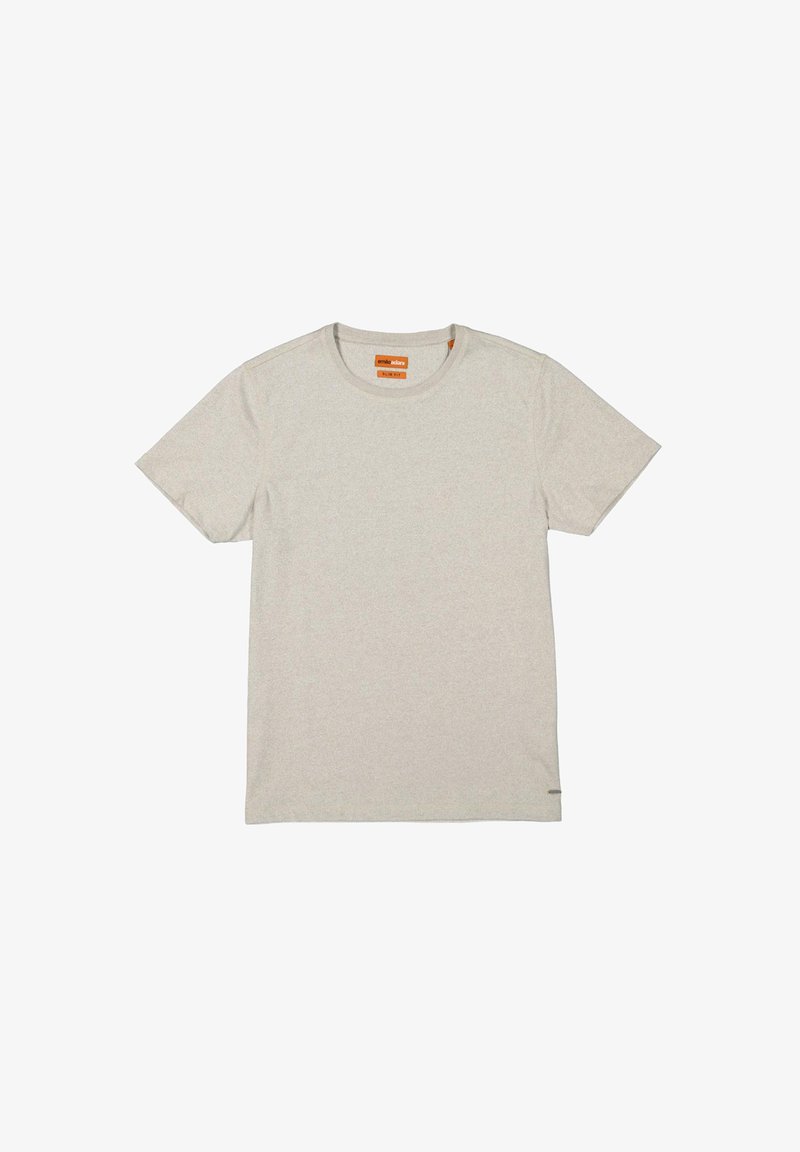 Hellgraues T-Shirt mit kurzen Ärmeln aus weichem Stoff und Rundhalsausschnitt. Enthält ein kleines Logoetikett in der Nähe des Saums und ein Etikett im Kragen.