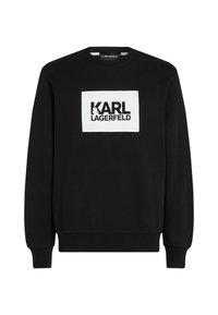 Hanorac negru cu mâneci lungi, cu grafic rectangular alb având textul "KARL LAGERFELD" în negru. Croi obișnuit, cu manșete și tiv cu nervuri.