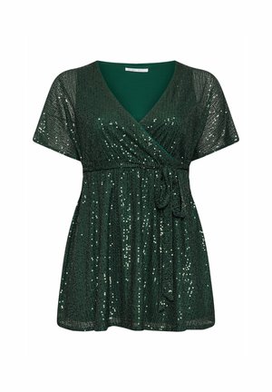 Grüne Wickelbluse mit kurzen Ärmeln, verziert mit Pailletten, mit einem Bindegürtel in der Taille und einem V-Ausschnitt. Seidige Textur, fließende Passform.