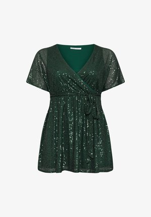 Blusa verde avvolgente con maniche corte, decorata con paillettes, dotata di un fiocco in vita e scollatura a V. Tessuto seta, vestibilità fluida.