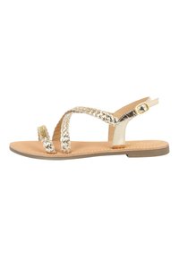 Sandali con cinturino intrecciato dorato, con suola piatta, dotati di chiusura a fibbia e foderati internamente in modo liscio. Leggeri e dal design semplice.