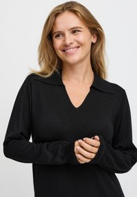 Suéter negro de cuello en V con cuello tipo solapa y mangas largas. La tela parece suave con una textura lisa, presentando puños ajustados.