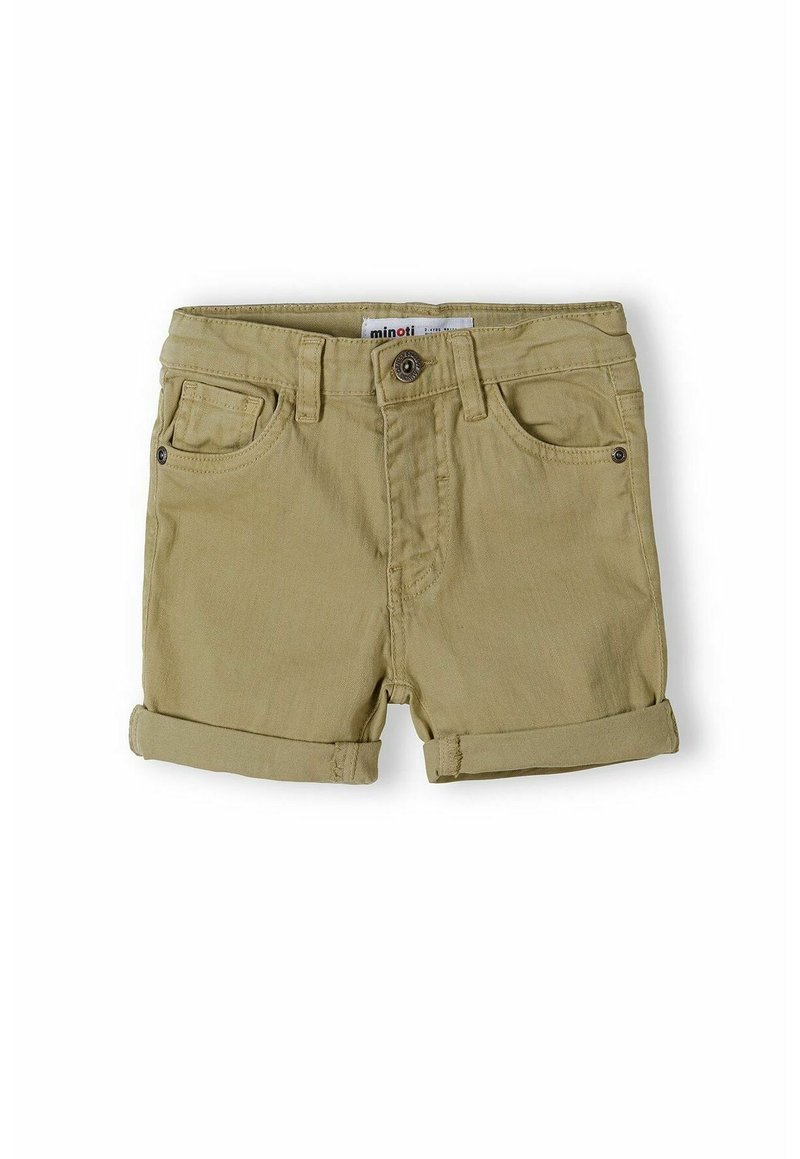 Shorts en coton kaki avec un ourlet roulé, des poches avant et une fermeture à un bouton. Design simple avec une texture lisse.