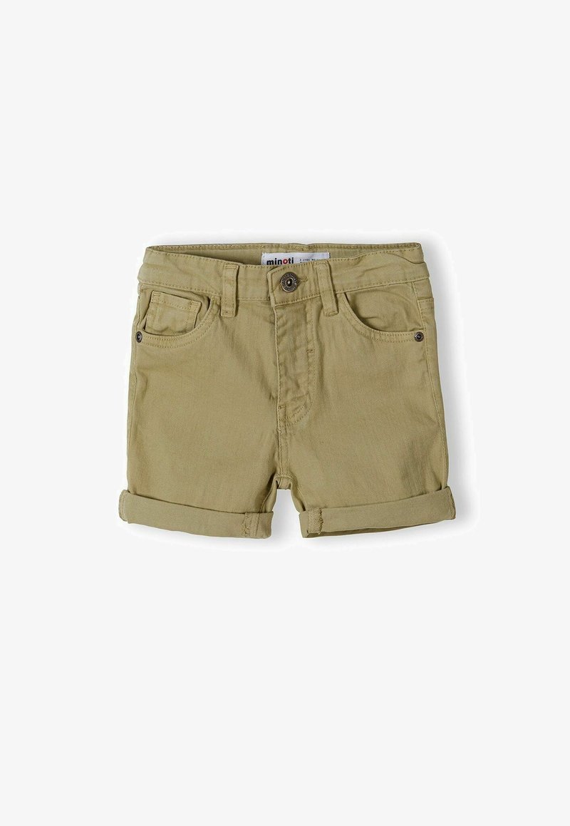 Shorts en coton kaki avec un ourlet roulé, des poches avant et une fermeture à un bouton. Design simple avec une texture lisse.