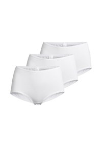 Three plain white cotton women's briefs with elastic waistbands arranged side by side on a white background.