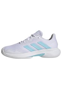 White athletic shoe with a mesh upper, featuring three light blue stripes, round toe, rubber sole, and textured accents.