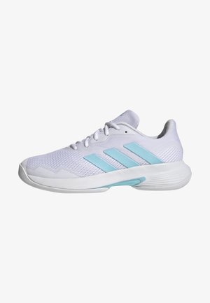 White athletic shoe with a mesh upper, featuring three light blue stripes, round toe, rubber sole, and textured accents.