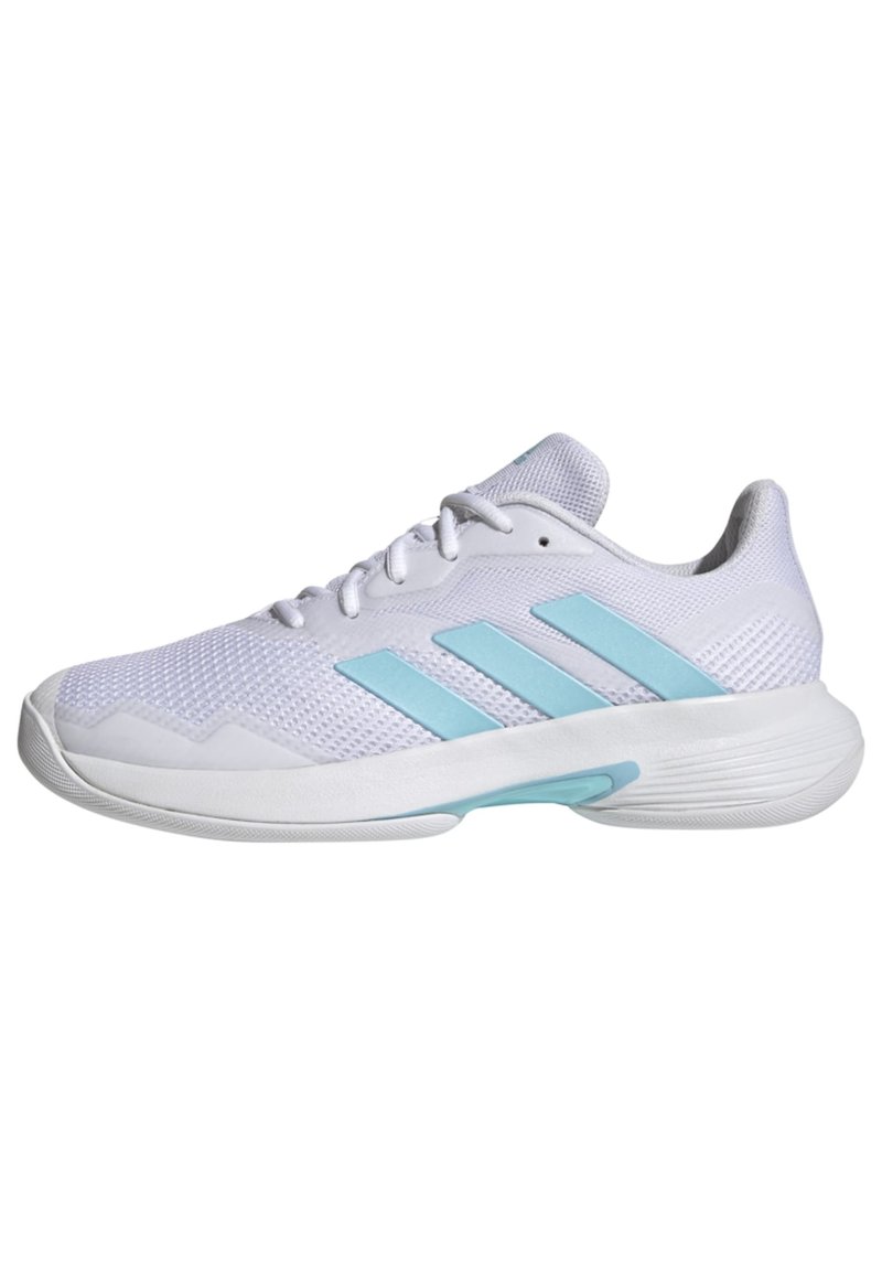 White athletic shoe with a mesh upper, featuring three light blue stripes, round toe, rubber sole, and textured accents.